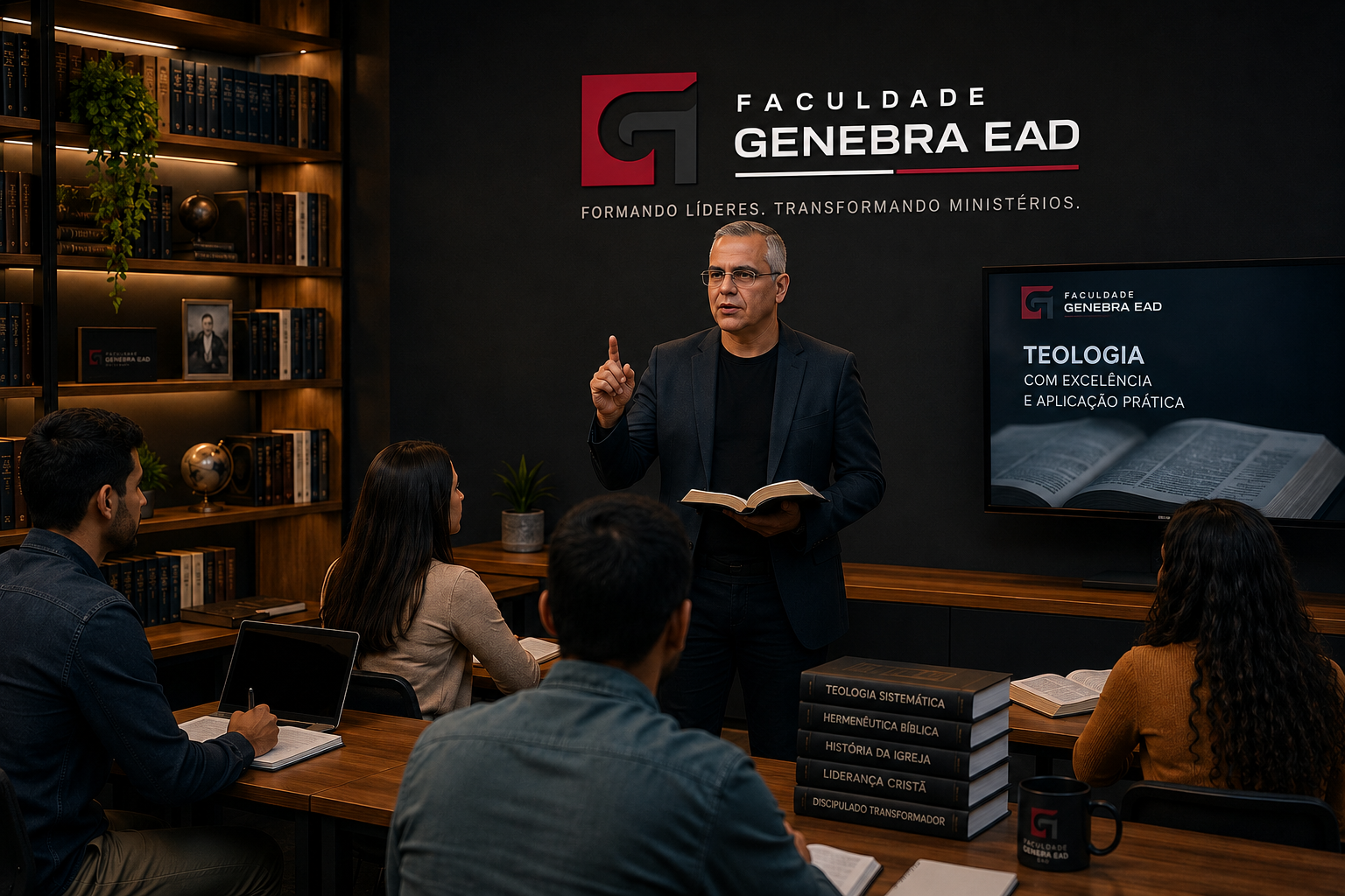 Sala de aula da Faculdade Genebra EAD: Dr. Fabiano Gomes ministrando a alunos com Bíblia em mãos
